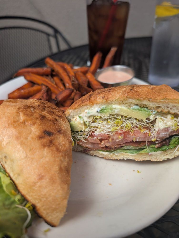 B.L.A.S.T. sandwich on ciabatta with sweet potato fries